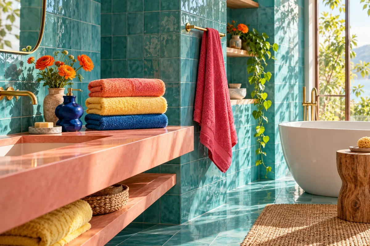 Badezimmer mit weichen Handtüchern und schönen Accessoires