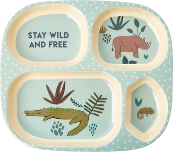 Rice Melamin Kinderteller mit 4er Einteilung - Blau Jungle Animals Print 