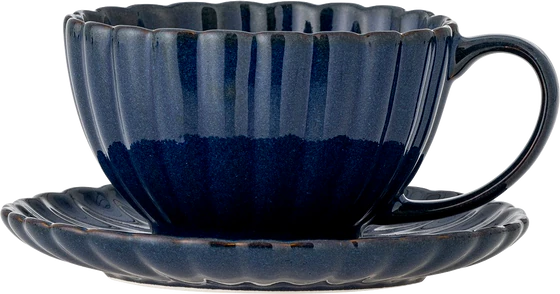 Bloomingville Tasse mit Untertasse – Cozy Steinzeug in Blau/Dunkelblau, 220 ml