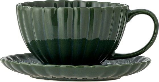 Bloomingville Tasse mit Untertasse – Cozy Steinzeug in Dunkelgrün, 220 ml