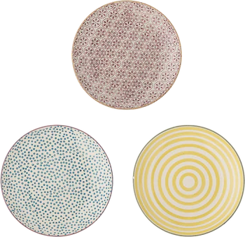 Bloomingville Patrizia Frühstücksteller – 3er Set aus 100% Steinzeug in Blau, Gelb, Rot & Grün mit gewelltem Rand