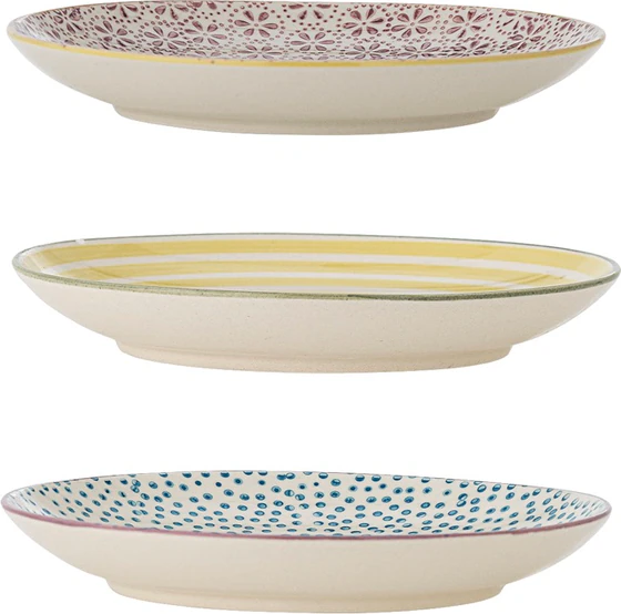Bloomingville Patrizia Frühstücksteller – 3er Set aus 100% Steinzeug in Blau, Gelb, Rot & Grün mit gewelltem Rand