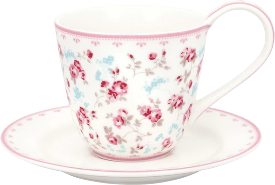 Tasse mit Untertasse Greengate Elsy Weiß – Steinzeug Unikat