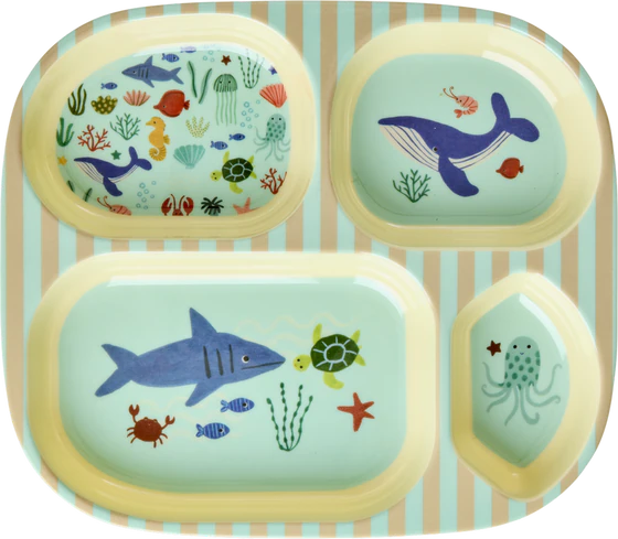 Kinderteller mit Unterteilung Rice by Rice – Melamin Ozean-Print
