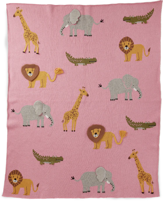 Babydecke Rosa Rice by Rice – Strickdecke mit 3D-Tieren