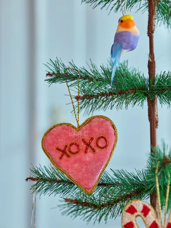 Weihnachtsbaumanhänger Herz Rosa Rice by Rice – Handbestickt, Samt