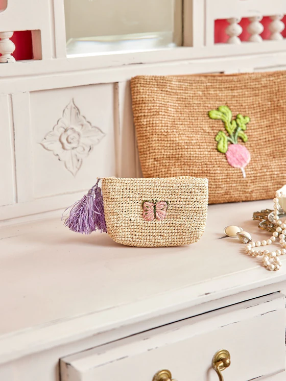 Clutch-Tasche Raffia Rice by Rice Schmetterling Lavendel Natur