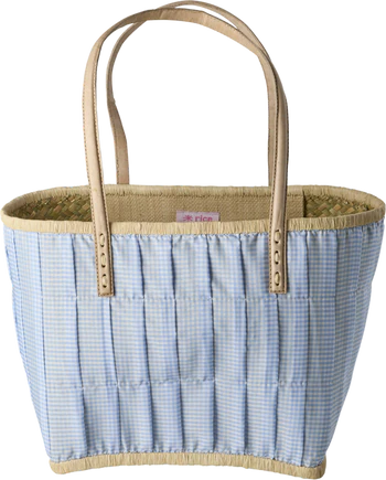 Einkaufskorb Raffia Stoffüberzug Ledergriffe Blue Vichy Rice