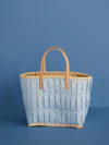 Einkaufskorb Raffia Stoffüberzug Ledergriffe Blue Vichy Rice