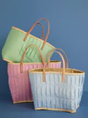 Einkaufskorb Raffia Stoffüberzug Ledergriffe Blue Vichy Rice