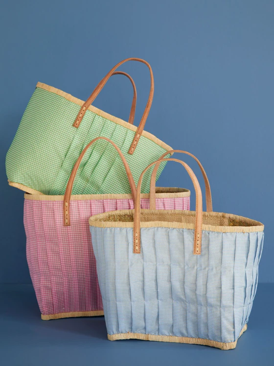 Einkaufskorb Raffia Stoffüberzug Ledergriffe Blue Vichy Rice