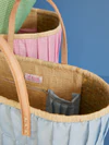 Einkaufskorb Raffia Stoffüberzug Ledergriffe Blue Vichy Rice