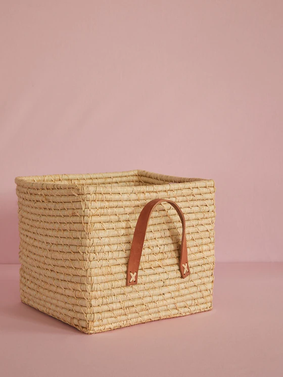 Aufbewahrungskorb Raffia Leder Rice by Rice – Natur Unikat