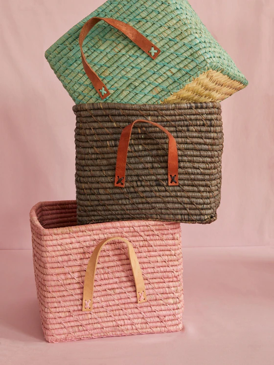Aufbewahrungskorb Rice by Rice Soft Pink Ledergriffe Raffia