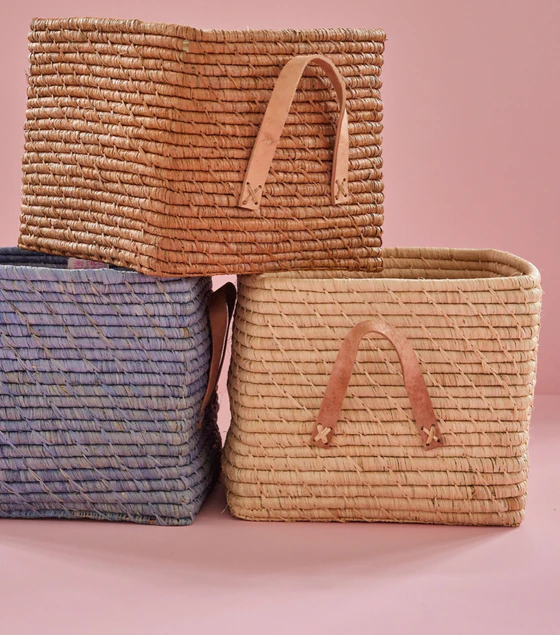 Aufbewahrungskorb Raffia Ledergriffe Rice by Rice Tea Unikat