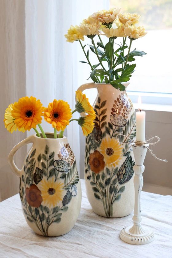 Dekorative Steingut-Kanne Chic Antique Blumenmotiv Creme Unikat