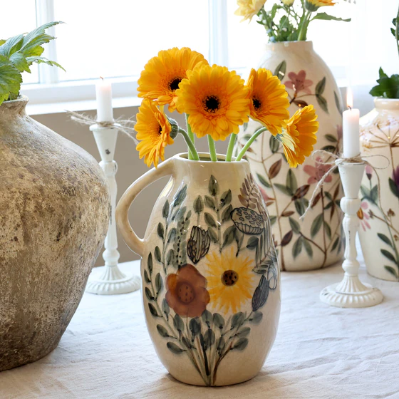 Dekorative Steingut-Kanne Chic Antique Blumenmotiv Creme Unikat