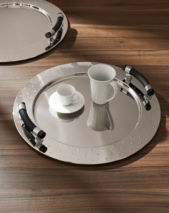 Alessi MGVASS Tablett rund – Edelstahl 18/10 mit schwarzen Griffen