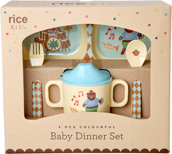 Baby-Geschirrset aus Melamin Rice by Rice – Blue Music Band Print
