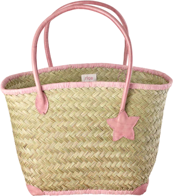 Tragetasche Raffia Lederhenkel Pink Groß – Rice by Rice